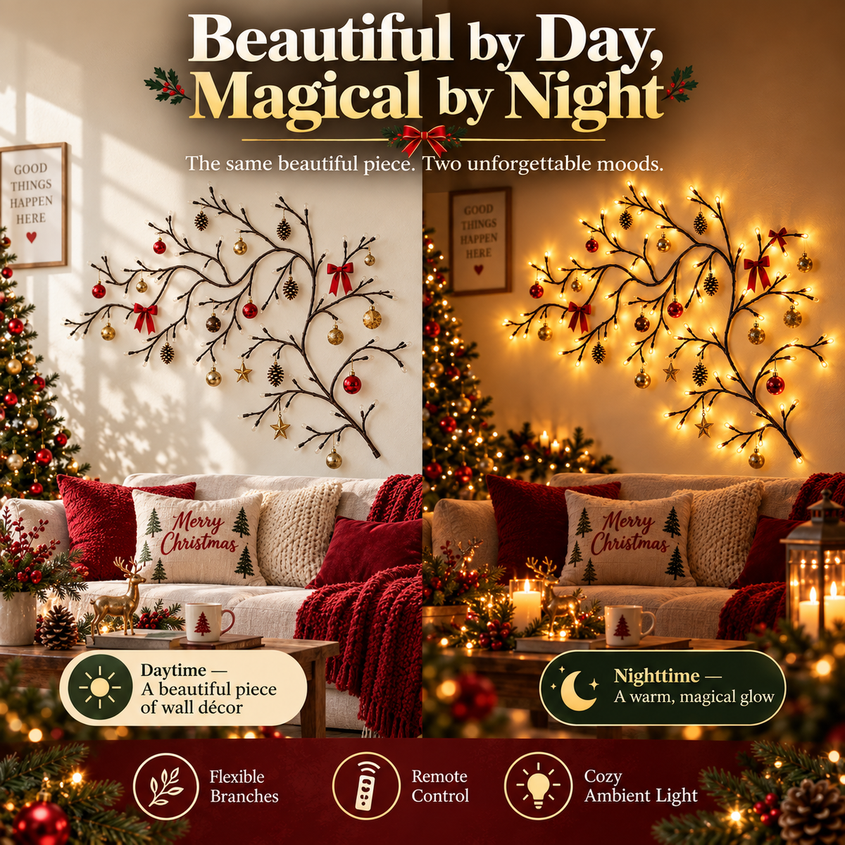 ✨ Flexible LED Branch Lights | Remote-Controlled Holiday Wall Decor
